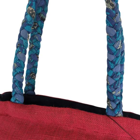 NWT FreeSet Global Red Burlap Tote Bag Ethically Made in India, Braided Handles - Picture 4 of 10